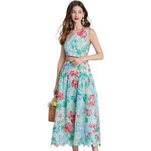 L/XLSunfere ..French Embroidery Cut-Out Print one-Shoulder, one-Waist Dress